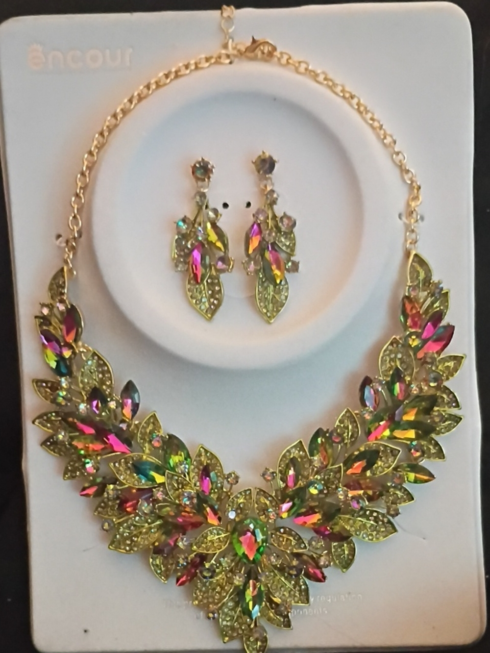 Statement Multicolor Crystal Leaf Necklace and Earring Set